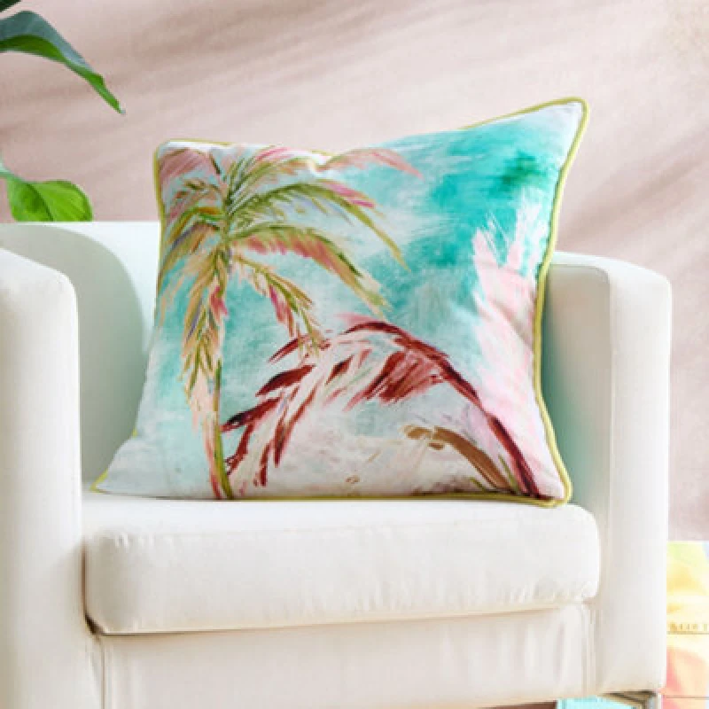 Image of Appletree Leilani Tropical Palm Leaf Print Green Velvet Filled Cushion