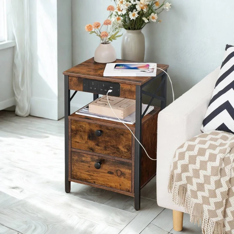Image of FURNOS Smart Bedside End Table With 2 Drawers, USB Ports in Brown Brown Unisex