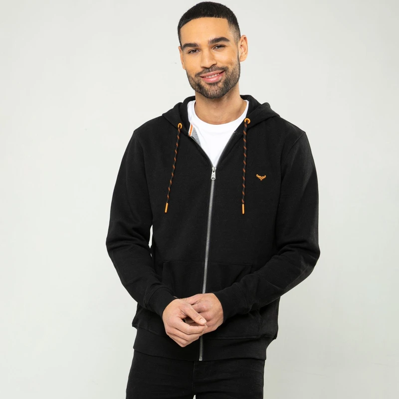 Image of Threadbare Threadbare Men Cotton Blend 'Tangerine' Zip Through Hoodie in Black Size: Medium Black M Male 7625914732767