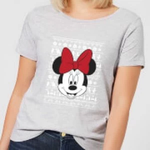 Image of Disney Minnie Face Womens Christmas T-Shirt - Grey - M