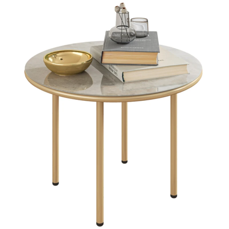 Image of Outsunny Round Small Garden Table with Faux Marble Glass Top, Beige, White 84G-729V00BG