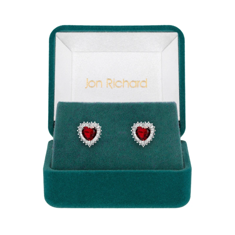 Image of Jon Richard Rhodium Plated CZ Ruby Heart Stud Earrings Stud Earrings One Size Silver 87953211000