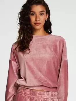 Image of Hunkemoller Long Sleeve Velours Crew Rib Lounge Top, Pink, Size L, Women