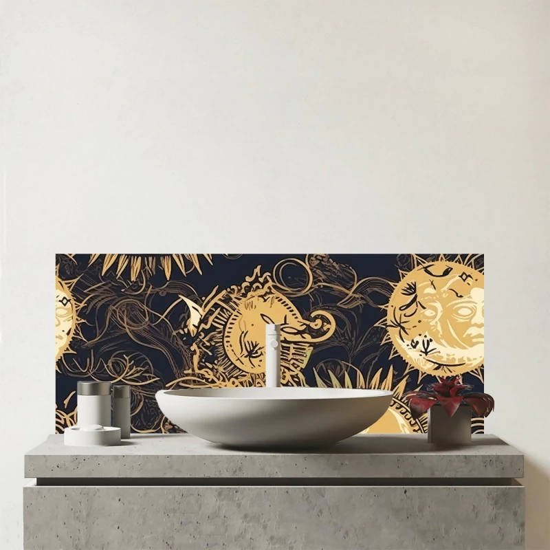 Image of Warren Reed - Designer Moon & Sun Gold Blue Glass Bathroom Splashback in Yellow Yellow Unisex