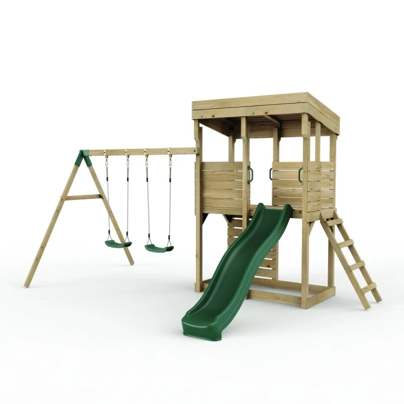 Image of OutdoorToys XL Lookout Tower Playhouse with Double Swing & Slide for Kids in Brown Brown Unisex