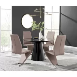 Image of Furniture Box Palma Black Semi Gloss Round Dining Table and 4 Cappuccino Willow Chairs