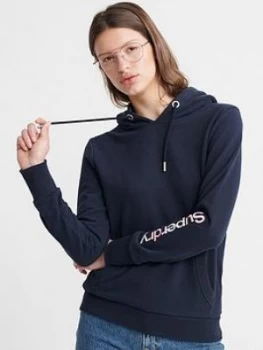 Image of Superdry Embroidered Sleeve Entry Hoodie - Navy, Size 10, Women