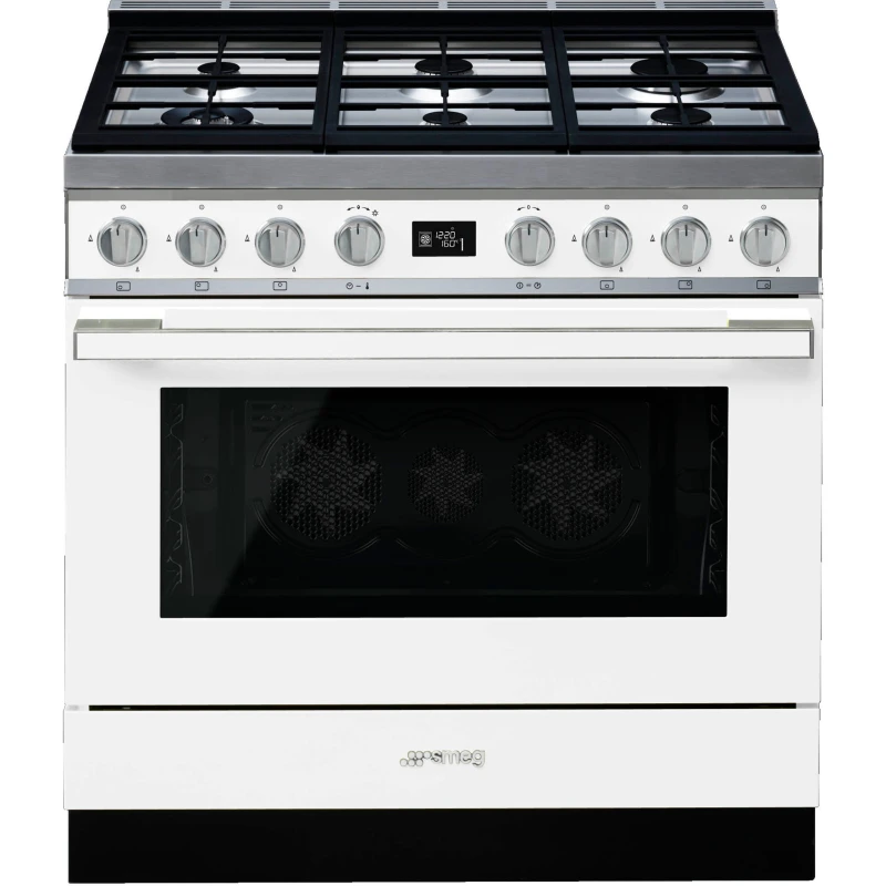 Image of Smeg Portofino CPF9GPWH 90cm wide Dual Fuel Range Cooker with Gas Hob and Pyrolytic Cleaning - White - A+ Rated, White