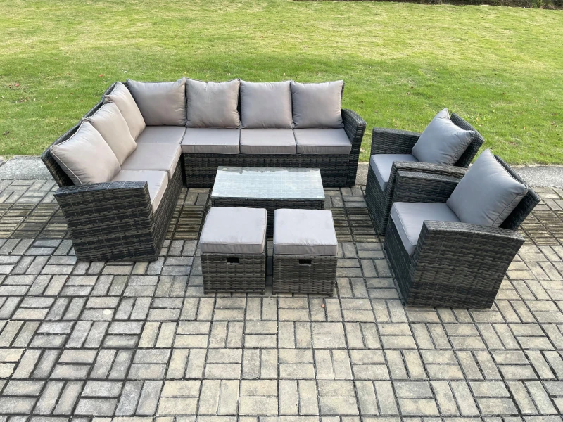 Image of Fimous 10 Seater High Back Outdoor Garden Furniture Set Rattan Corner Sofa Set With Rectangular Coffee Table in Dark Grey Dark Grey Unisex