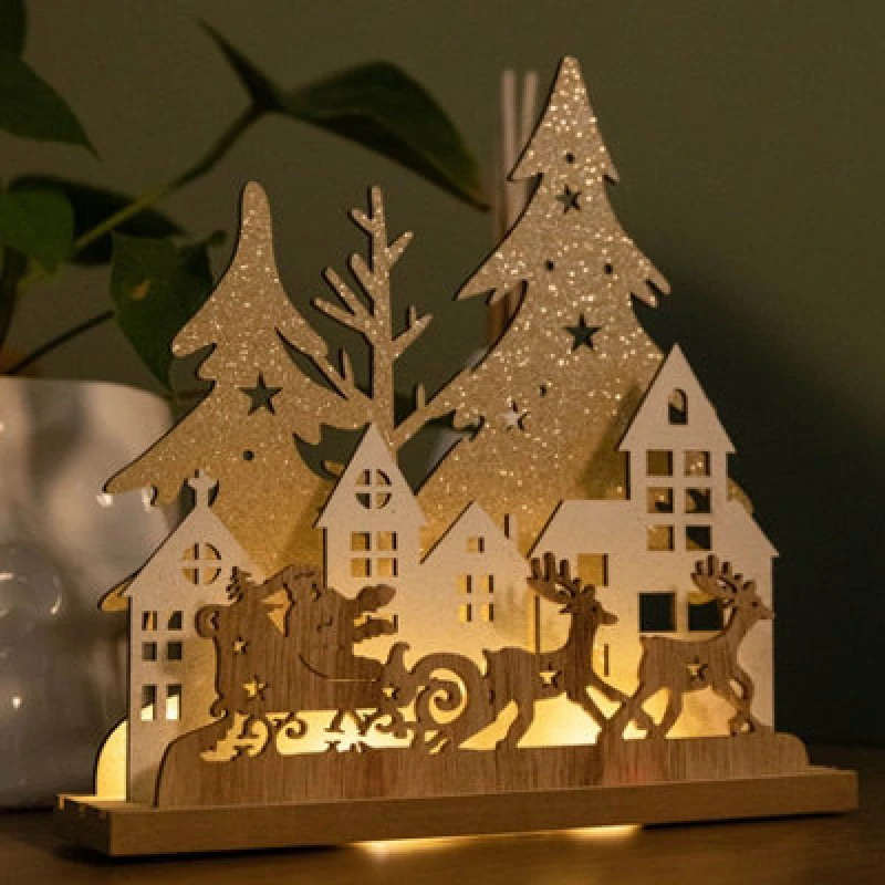 Image of 20cm Battery Operated Light up Wooden Village with Santa in Sleigh and Warm White LEDs