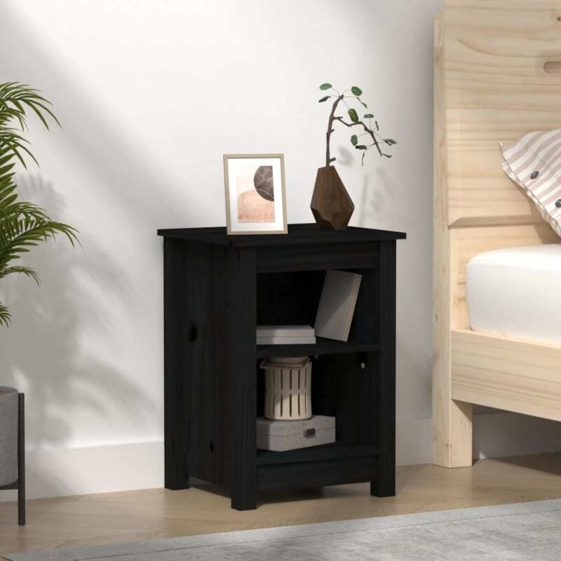 Image of Vidaxl Bedside Cabinet Black 40X35X55cm Solid Wood Pine, Black 820964