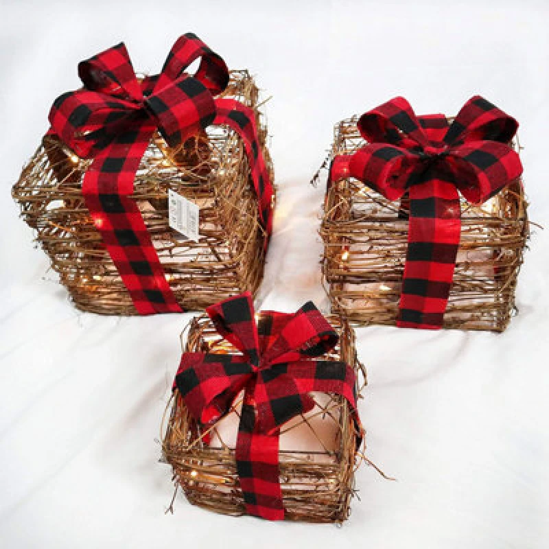 Image of Shatchi Christmas Light Up Parcels Pre-Lit Battery Operated LED Glitter Xmas Presents Set of 3 Brown