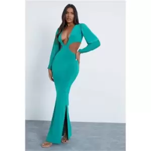 Image of I Saw It First Green Slinky Cut Out Balloon Sleeve Maxi Dress - Green