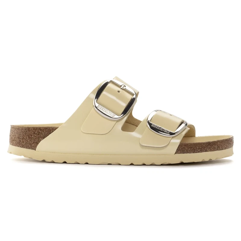 Image of Birkenstock Womens mules Birkenstock Arizona Big Buckle Natural Leather Patent Jaune Female 38 Etroit