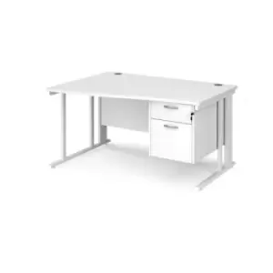 Image of Office Desk Left Hand Wave Desk 1400mm With Pedestal White Top With White Frame Maestro 25 MCM14WLP2WHWH
