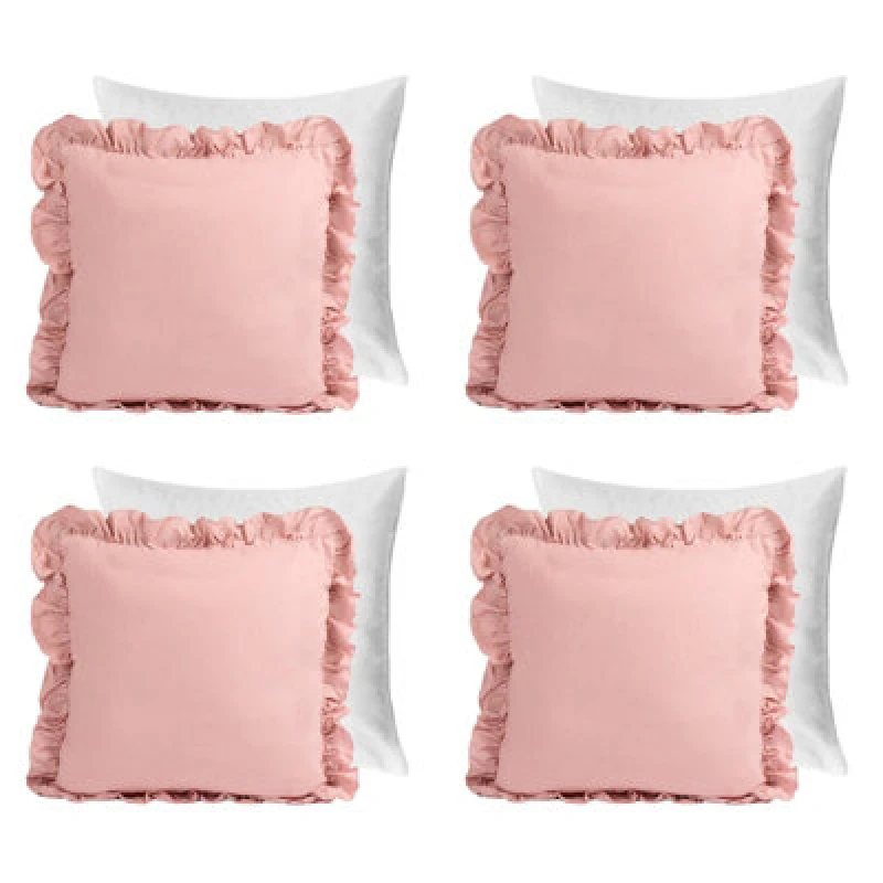Image of OHS OHS 4 Pack Linen Frill Cushion Covers Filled Home Living Luxury in Pink Size: 45cm x 45cm Pink 45cm x 45cm Unisex 5027434218592