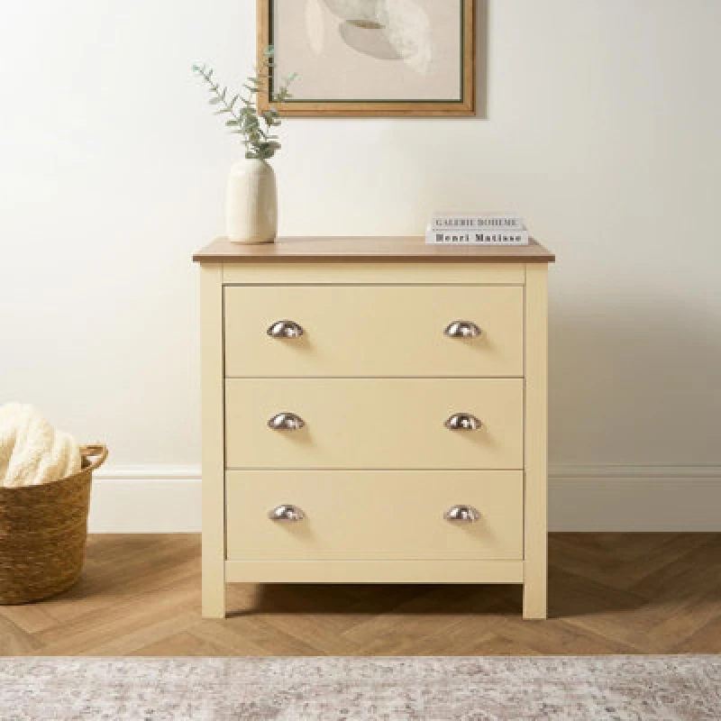 Image of OHS OHS Chicago 3 Drawer Bedside Table Hallway Cabinet Nightstand in Cream Cream One Size Unisex 5027434232758