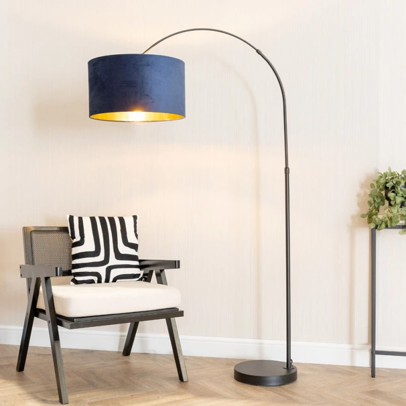Image of ValueLights ValueLights Louis Black Arched Floor Lamp with Velvet Drum Metallic Gold Inner Shade & Bulb in Dark Navy Dark Navy One Size Unisex 5059406