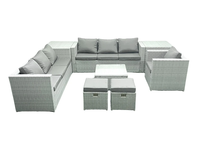 Image of Fimous Wicker PE Rattan Sofa Garden Furniture Set with Armchair Square Coffee Table 2 Small Footstools 2 Side Tables Light Grey Mixed Light Grey