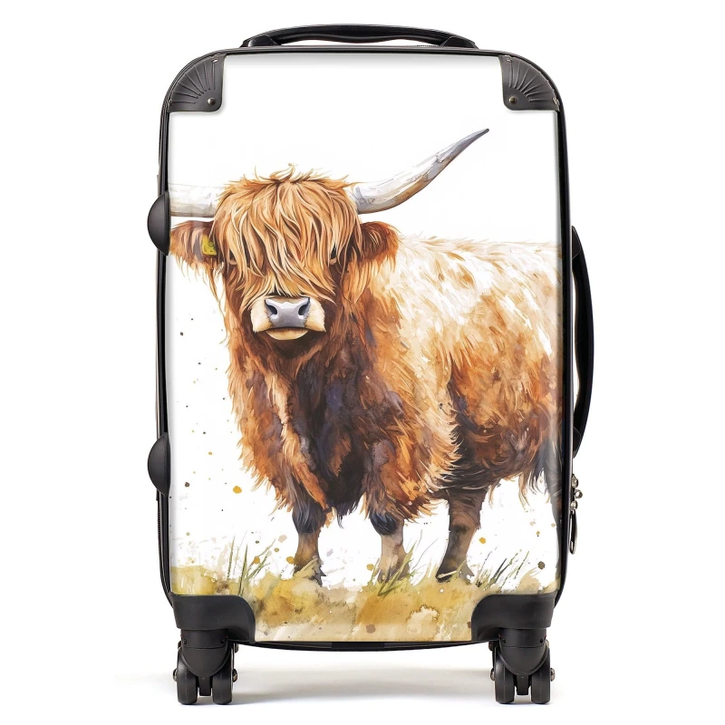 Image of Warren Reed - Designer Watercolour Highland Cow Suitcase in Brown Size: Cabin Brown Unisex Cabin