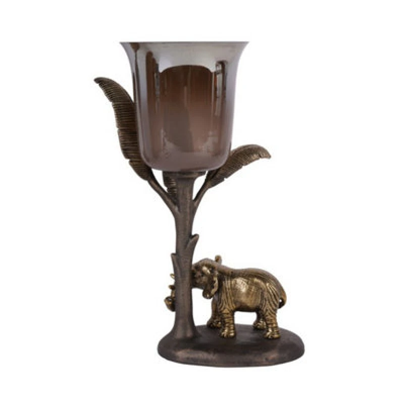 Image of Buttercup Farm Kariba Elephant Hurricane Small - Glass/aluminium - L16 X W20 X H31.5cm - Antique Brass