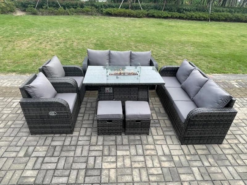 Image of Fimous Garden Patio Furniture Wicker Rattan Gas Fire Pit Table and Sofa Chair set with 2 Small Footstools Dark Grey