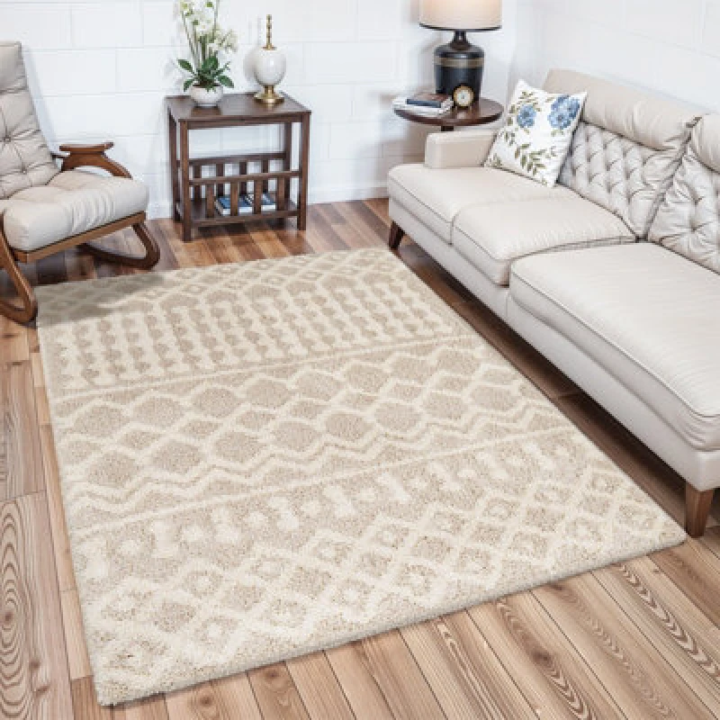 Image of Livabliss Shaggy Geometric Plush Pile Cream Beige Nour Area Rug 130 X 170 Cm - Easy Care, Non Shedding, Ideal For Living Room & Bedroom