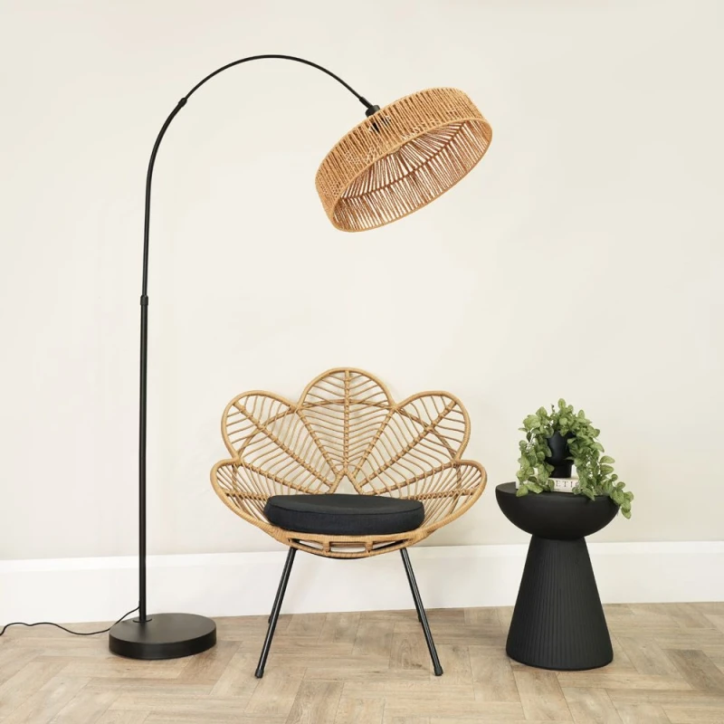 Image of ValueLights Louis Black Arched Curved Floor Lamp with Natural Rope Pendant Lamp Shade Brown