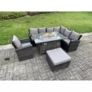Image of Fimous 7 Seater Outdoor Dark Grey Rattan Lounge Complete Sofa Set with Gas Fire Pit and Big Footstool