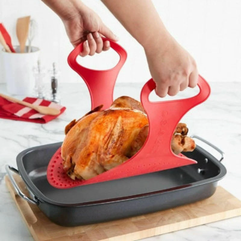Image of Gr8 Home Reusable Non Stick Silicone Chicken Turkey Meat Lifter Red