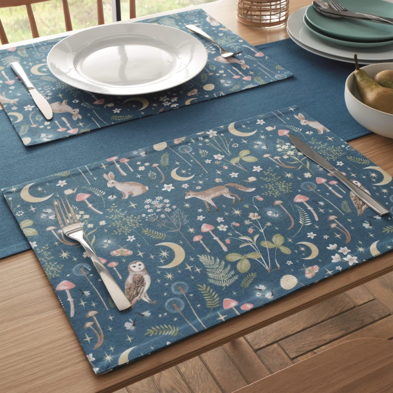Image of Catherine Lansfield Catherine Lansfield 'Enchanted Twilight Animals' Cotton Dining Placemat 4 Pack in Navy Navy 4 Pack Unisex 5057681188157