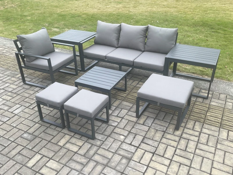 Image of Fimous Aluminium Outdoor Garden Furniture Set Lounge Sofa Chair Square Coffee Table Sets with 2 Side Tables 3 Footstools Conservatory Set in Dark Grey