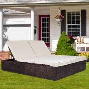 Image of Poly Rattan Double Sun Lounger Brown/Cream 193x116x33cm Adjustable