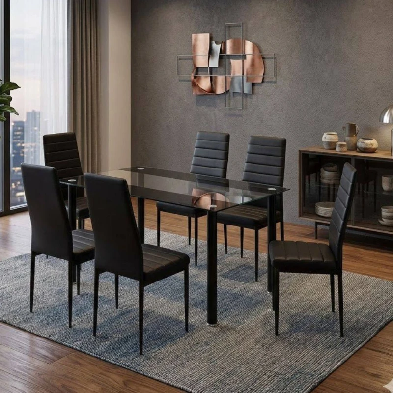 Image of KOSY KOALA Kosy Koala - Dining Table and 6 Chairs Black Clear Glass 6 Leather Black Chairs Dining Room Furniture Black clear 140 + 6 Black metal