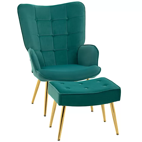 Image of HOMCOM Upholstered Armchair w/ Footstool Set, Modern Button Tufted Accent Chair w/ Gold Tone Steel Legs, Wingback Chair, Dark Green