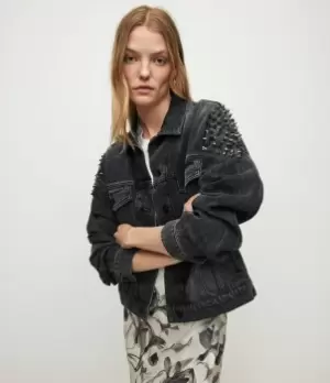 Image of AllSaints Womens Bella Punk Studded Denim Jacket, Black, Size: 8