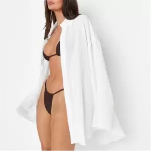 Image of Missguided Crinkle Flared Sleeve Beach Cover Up Shirt - White