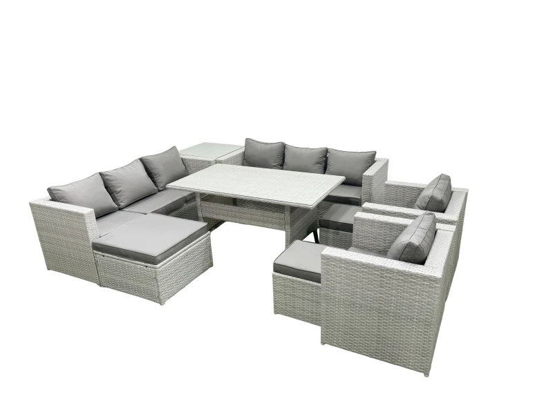 Image of Fimous Rattan Garden Furniture Set Outdoor 8 Seater Patio Dinin g Sofa Sets with Dining Table 2 Chairs Side Table 3 Footstools Light Grey Mixed Light