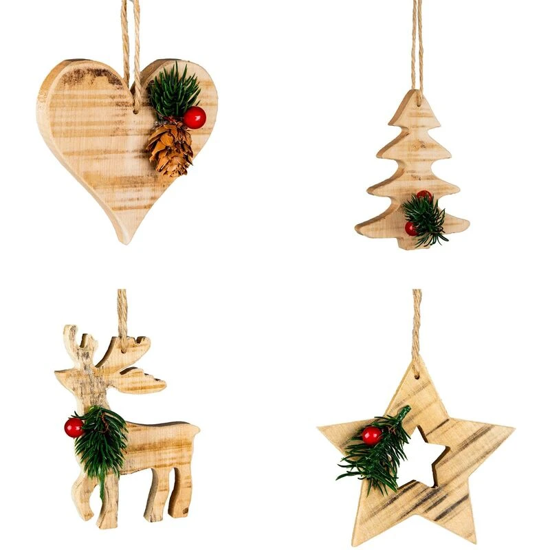 Image of Shatchi Wooden Craft Assorted Shapes - Heart,Tree,Star,Reindeer - Christmas Tree Hanging Decorations 8Pcs Brown