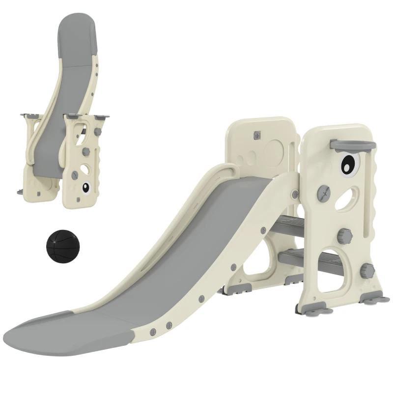 Image of AIYAPLAY Foldable Kids Slide with Climber, Basketball Hoop, Cream White, Cream 331-087V00CW