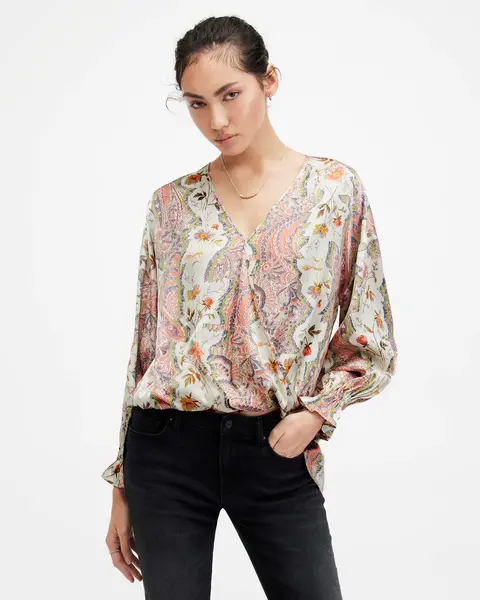 Image of AllSaints Penny Wrap Over Paisley Print Shirt