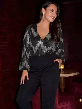 Image of Yours Yours Sequin Zig Zag Wrap Body, Silver, Size 18, Women