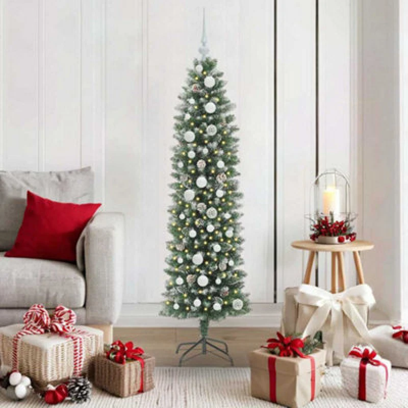 Image of vidaXL Artificial Slim Christmas Tree with White Balls Green and white 150 cm, Green 3395284
