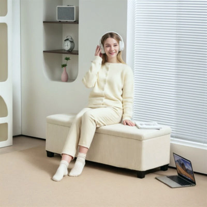 Image of HOMCOM HOMCOM Storage Ottoman Bench with Lid, Legs, 112cm Corduroy Footstool Chest in Beige Beige One Size Unisex 5063603826915