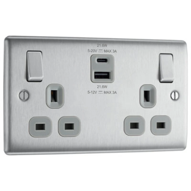 Image of BG BG Nexus Metal Double Socket USB A & C Ports Cables N/A Silver 40779351000