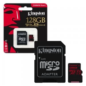 Image of Kingston Canvas React MicroSDXC Memory Card 100MB/s UHS-1 U3 A1 V30 Class 10 With Adapter - 128GB