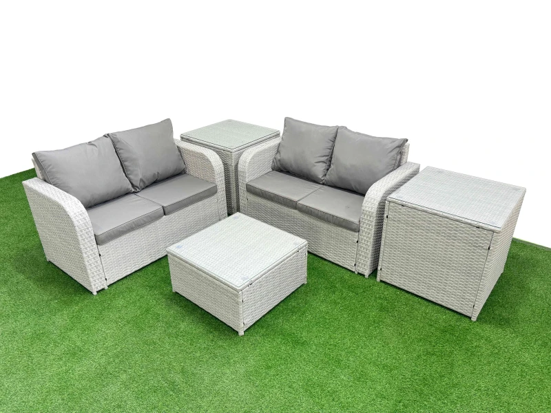Image of Fimous 4 Seater Outdoor Love Sofa Set Rattan Garden Furniture Set with Square Coffee Table 2 Side Tables Light Grey Light Grey