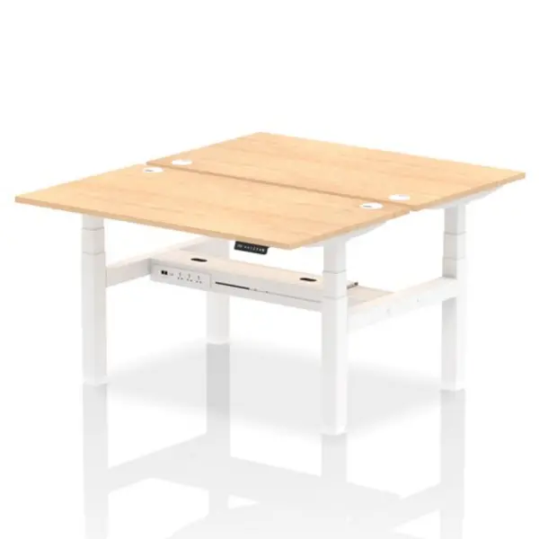 Image of Air Air Back-to-Back 1400 x 800mm Height Adjustable 2 Person Bench Desk Maple Top with Cable Ports White Frame HASCP2P14800MPEW