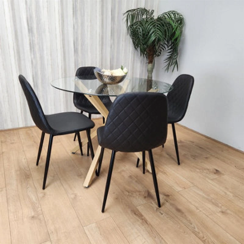 Image of KOSY KOALA KOSY KOALA Clear Glass Round Dining Table with 4 Leather Padded Black Gem Chairs Size: 100cm x 100cm Clear 100cm x 100cm Unisex 506071158