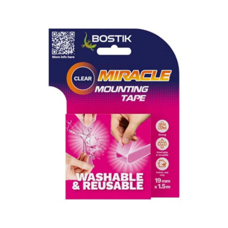 Image of Bostik Miracle Tape Double Sided Mounting Tape Reusable 19mmx1.5m EXR61928BK